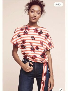 Anthropologie Postmark Stripe Floral jersey XS cotton side tie top Casual Summer